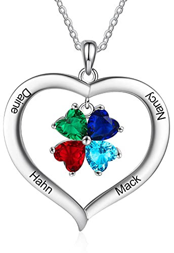 ALBERTBAND Personalisierte 1-8 Geburtssteine Halskette Silber 925 Halskette Damen Herz Anhänger mit Namensgravur Mutter Tochter Kette Geschenk zum Muttertag Valentinstag Weihnachten (4 names)