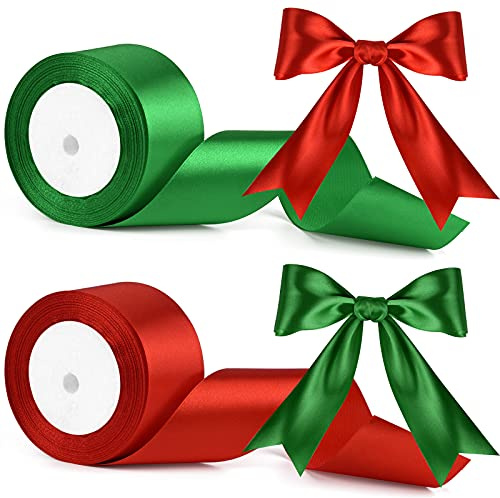FEPITO Lot de 2 rouleaux de ruban en satin de 5,1 cm de large pour travaux manuels, emballage de décoration de Noël - Rouge et vert