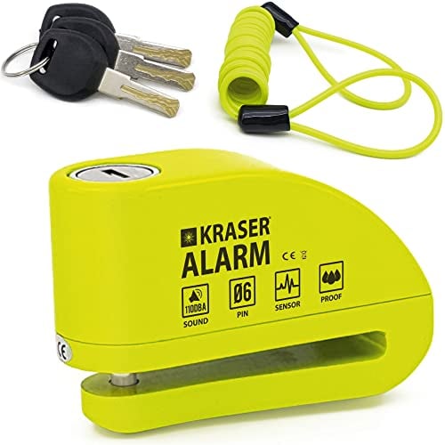 KRASER KR6Y Blocca Disco per Moto con Allarme 110dB, Rinforzato, 3 (altre 2) Chiavi Sicurezza, Impermeabile, Accessori Cavo Reminder 1.5m Borsa, Lucchetto Moto Bloccadisco Sonoro Scooter Bici