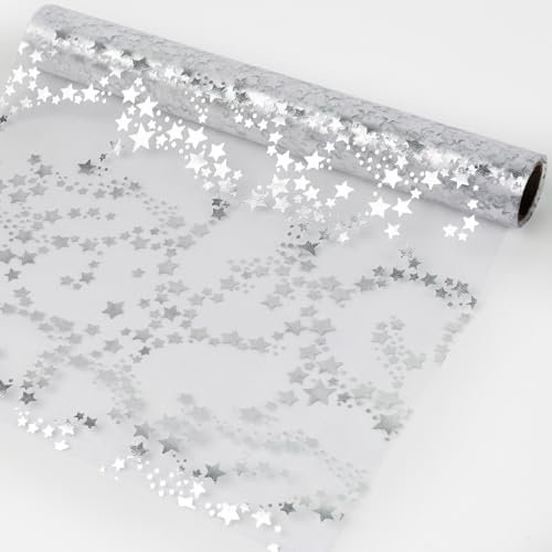 Tischläufer Weihnachten Sterne, Tischband Transparentes Silber, 28 cm x 5 m Tischband Organza für Weihnachten Geburtstage Adventszeit Geschenk DIY