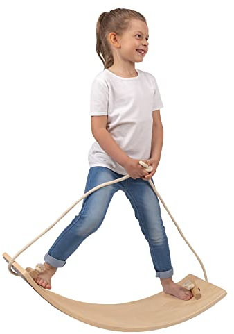 KiddyMoon Balance Board Mit Seil Aus Holz Balancebrett Kinder Gleichgewicht Montessori, Beige - Filz