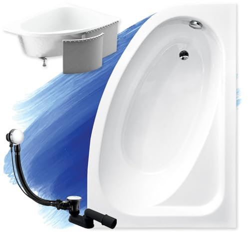 BADLAND Cornea Baignoire d'angle avec bonde de vidange, pieds et revêtement en polystyrène inclus 140 x 150 x 80 à 100 cm