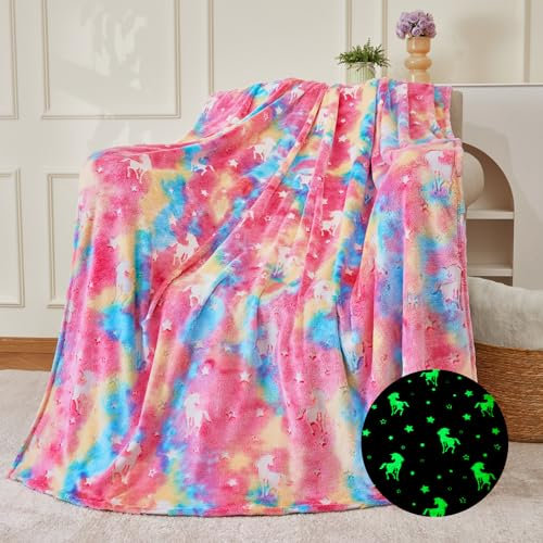 QSTEHEML Leuchtende Überwurfdecke, leuchtende Decke, Geburtstagsgeschenk für Jungen, Mädchen, Kinder, Kleinkinder, gemütliche, weiche, Flauschige, 127x152.4 cm, Regenbogen-Einhorn