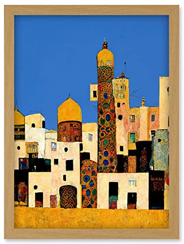 Doppelganger33 LTD Klimt Style Moroccan Cityscape Blue Gold Artwork Framed Wall Art Print A4