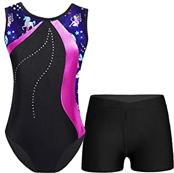 iEFiEL Mädchen Glitzer Turnanzug Ärmellose Leotards Rückenfrei Ballettanzug mit Strass Ballettkleidung Gymnastikbody Tanzkostüm Marineblau + Rosa 134-140