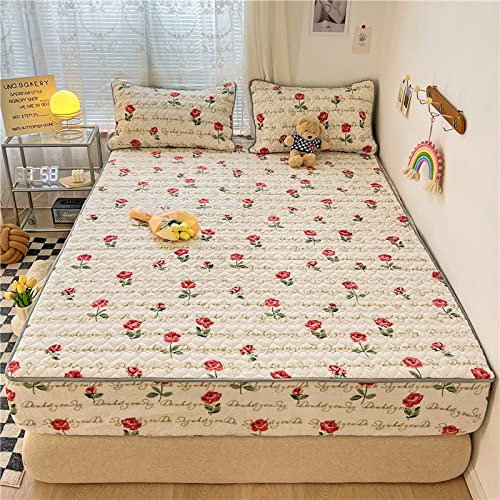 FCLDESHOP Extra Deep Fitted Sheet,Autumn Winter Thicken Quilted Coral Fleece Mattress Cover, Bedroom Guest Room Animal Flower Queen Mattress Topper,rose Red,180cmx200cm