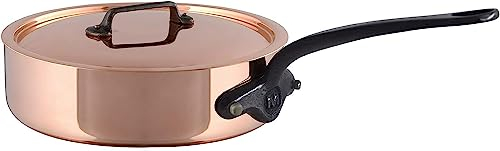Mauviel M'Heritage M150CI 1.5mm Polished Copper & Stainless Steel Saute Pan With Lid, And Cast Iron Handles, 1.8-qt, Made in France