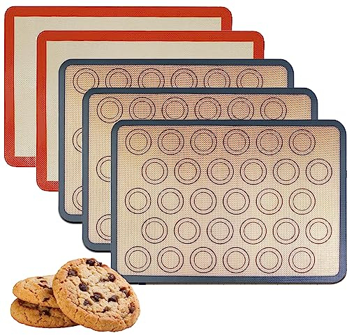 TOOSOAR 5 Stück Macarons Backmatte, Rutschfeste Backmatte, 42 cm×29.5 cm Ateigmatte, Antihaft Backunterlage Dauerbackfolie Backpapier, für Makronen Kekse Brot, Pizza Matte