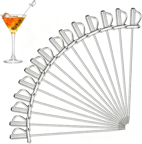 DEAYOU 15 PCS 18/10 Stainless Steel Cocktail Toothpicks, 4.4 Martini Drink Pick Stick, Metal Reusable Cocktail Skewers, Fruit Garnish Pick Swizzle Stirrer for Olive, Appetizer, Decor, Silver, Swords