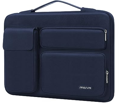 MOSISO 360 Protective Laptop Sleeve Compatible with MacBook Air 15 inch M4 M3 M2 2025-2023,14 inch Laptop Sleeve, HP Stream 14,Dell XPS 15, Side Open Bag with 2 Raised&1 Flapover Pocket, Navy Blue