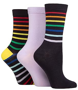 SockShop Wildfeet Ladies Bamboo Socks -Patterned Fun and Colourful Soft Breathable Socks Multipack of 3 Pairs (UK, Numeric, 4, 8, Regular, Regular, Rainbow Stripe Navy)