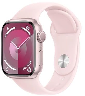 Apple Watch Series 9 (GPS, 41 mm) Smartwatch mit Aluminiumgehäuse in Pink und Sportarmband S/M in Hellrosa. Fitnesstracker, Blutsauerstoff und EKG Apps, Always-On Retina Display, Wasserschutz