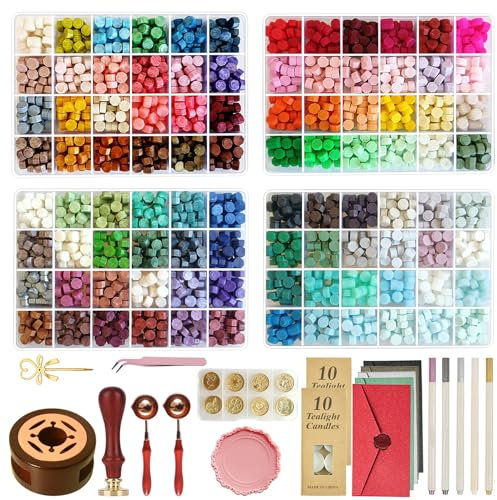 96 Colors Wax Seal Stamp Kit,2400 Pcs Sealing Beads,All in one Wax Seal Kit with Seal Stamps,Warmer, Envelopes,Spoon,Candles,Metallic Pen for Letter Invitation Sealing