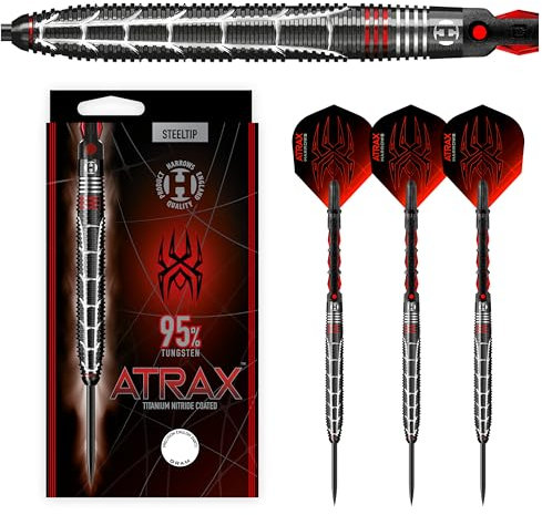 Harrows Atrax 95% Tungsten Darts | Darts-Set mit Stahlspitze| 21g, 22g, 23g, 24g, 25g & 26g | Beinhaltet Carbon ST-Schäfte und 100 Micron Atrax Red Flights (25 Grams)