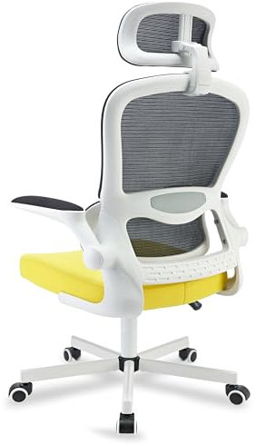 Blisswood Ergonomic Mesh Chair with Adjustable Headrest - Flip-Up Armrest & Lumbar Support - 90° to 130° Recliner Computer Task Office Chair for Gaming & Home Office - Tilt Function (Yellow & Black)
