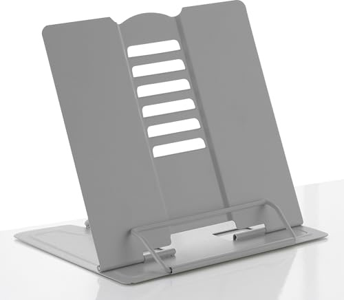 Multifunctional Book Holder - Adjustable Angle Metal Reading Rack, Portable Cook Book Stands for Kitchen Recipe Document Office School Library (Grey)