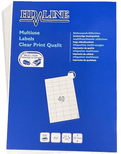 Hd-line Universal Etiketten 1 Packungen, 52,5 x 29,7 mm, 100 Blatt, 4000 Stück, selbstklebend, bedruckbar, matt, blanko Papier Klebeetiketten Aufkleber, 40 pro A4 Bogen, weiß