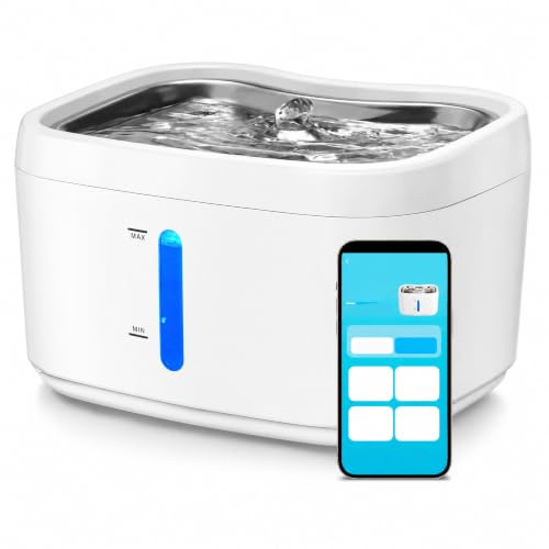 Katzenwasserbrunnen mit Edelstahldeckel, 2,5 L, Automatischer Katzenbrunnen mit Intelligenten APP Benachrichtigungen und Wasserstandsfenster für Katzen und Hunde, 2,4 GWiFi,