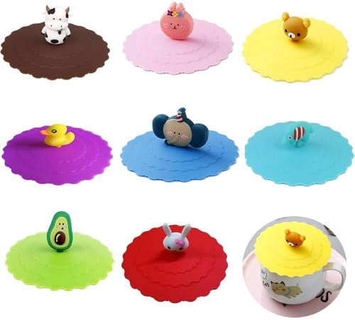 JINJUMEI 8 Pièces Couvercle de Tasse en Silicone 10cm, Couvre Tasse Anti-Poussière Ouvercles en Silicone avec Décoration Mignonne Réutilisable pour Tasse Couvercle de Tasse Pour Tasses Thé