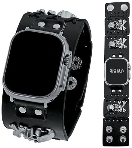 Leather Steam Punk Skull Cuff Button Bracelet Compatible Apple Watch Band 49/45/44/42/41/40/38MM,For Apple iWatch Ultra2/Ultra Series 9/8/7/6/5/4/3/2/1/SE/SE2 (Black, 38mm/40mm/41mm)