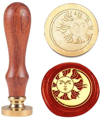 Hobbspring 1 Stück Wachs Siegelstempel Mit Sonne Mond Gesicht Halbmond Vintage Wachs Siegelstempel Geschenk für Weihnachten 25mm Abnehmbarer Messingkopfstempel Mit Holzgriff Einladungskarten