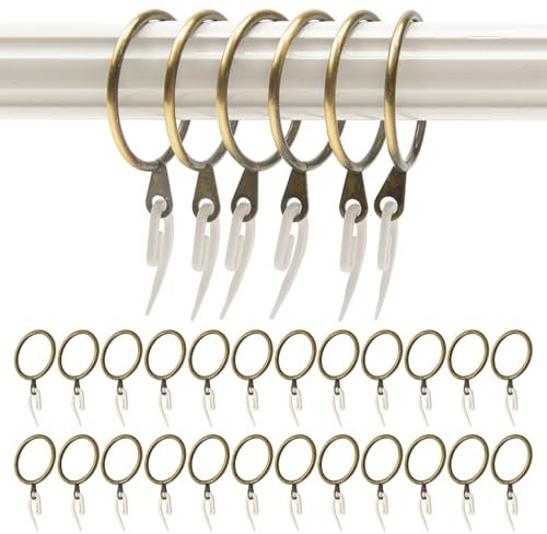 24 Pack Brass Curtain Rings and Hooks, 30mm Internal Diameter, Metal Curtain Rings Hanging Hooks for Curtain Poles and Rods, Drapery, Shower Hanging