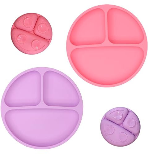 Piatto con Ventosa per Bambini,2 PCS Piatto con Ventosa per Bambini in Silicone Set di Alimentazione per Bambini in Silicone Piatta Divisa Aspirazione Senza Slip Adatto a Seggioloni e Tavoli