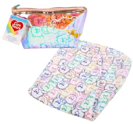 Fizz Creations Care Bears Hair Drying Turban, Ultra Soft and Quick Drying Microfibre Hair Towel Wrap with Button. Gift Set for Girls and Kids with Cosmetics Bag