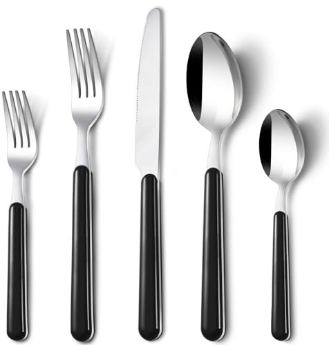 BEWOS Besteck Set für 12 Personen, 60 teilig besteckset schwarz inkl. Messer, Gabel, Löffel, Farbige Griffe camping besteck, Spülmaschinenfest