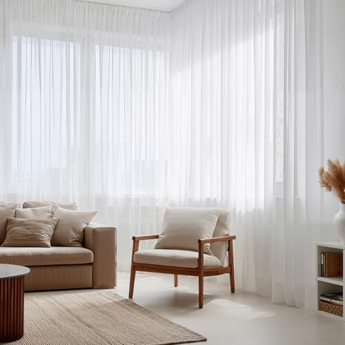 PONY DANCE Extra Breite Gardine Weiß Wohnzimmer Vorhänge für Schienen | 1er Set, H245xB600cm, Vorhang Transparent, Voile Gardinen, mit Kräuselband für Schienensystem, für Schlafzimmer Esszimmer