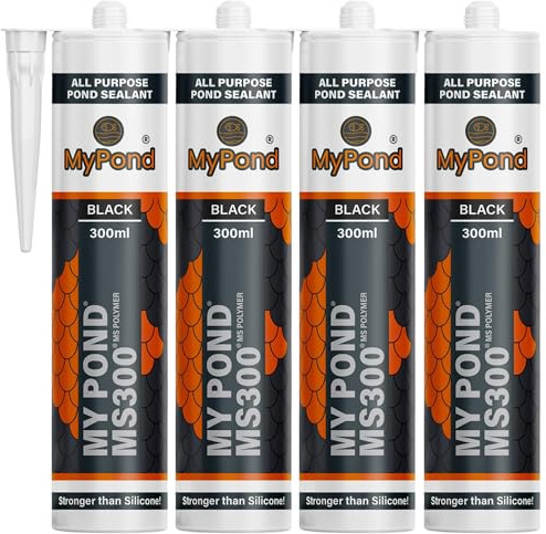 MyPond MS300 Marine Sealant Black, Window Sealer, Pond Sealer for Leaks Concrete Glass Metal, MS Polymer Adhesive 4x Stronger than Aquarium Silicone Caulking, Pond Liner Adhesive, 300ml, 4pack