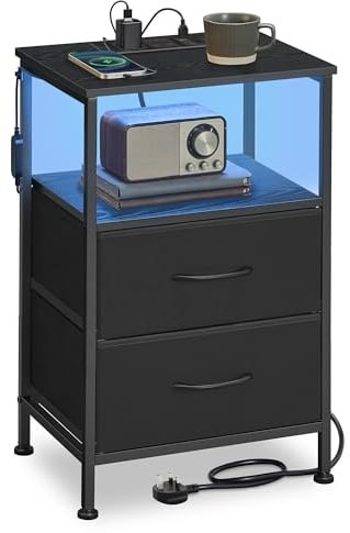 SONGMICS Bedside Table with Charging Station, Side End Table with APP-Controlled Adjustable LED Lights, 1 Open Shelf and 2 Drawers, Bedroom, Ink Black and Ebony Black BELLAH Collection LGS302BH03
