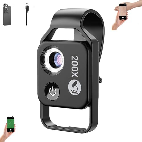 Nano Zoom 200x for iPhone,200x Pocket Microscope Camera,200-x Phone Mini Pocket Microscope with Polarizer,Phone M-icroscope Lens,Clip-on Lens,Multi-Layer Coating,LED Fill Light