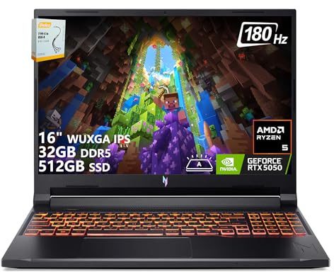 acer Nitro V 16 AI Ordinateur portable de jeu | 16 WUXGA IPS 180 Hz | AMD Hexa-Core Ryzen 5 240 | 32 Go DDR5 512 Go SSD | GeForce RTX 5050 8 Go DLSS4 (jusqu'à 440 AI Tops) | Clavier rétroéclairé