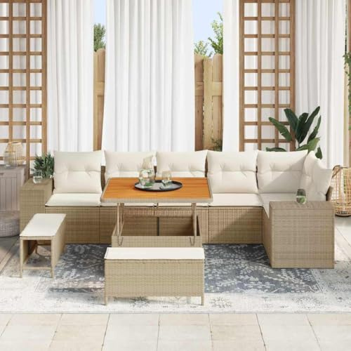 Ziaphsol Gartensofa-Set, 9-teilig, Beige Poly-Rattan, Modular, UV-beständig, Wetterfest, Höhenverstellbarer Tisch für Terrasse, Garten, Balkon, Langlebig
