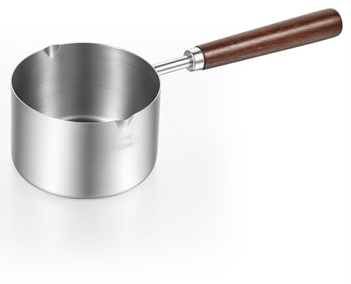 Mini Butter Warmer Stainless Steel Mini Pot 8.5 oz (250 ml) Minis Sauce Pan Cooking Pot Coffee Milk Warmer with Dual Spouts and Wooden Handle for Chocolate Butter Melting