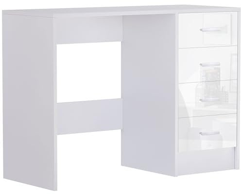 HOMCOM Computer Desk with Drawers, Dressing Table, High Gloss Home Office Writing Workstation, White