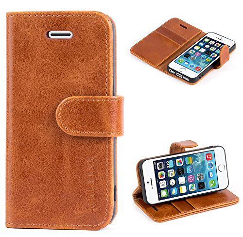 Mulbess Handyhlle fr iPhone 5s / SE, Leder Flip Case mit Kartenfchern, Magnetischer Verschluss, Stnder, Braun