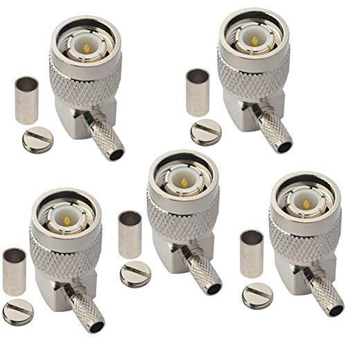onelinkmore TNC Male Right Angle Crimp Connector RG58 RG142 Pack of 5 | 90-degree TNC plug also fits LMR195 and RG400 coax; threaded lock for antenna and RF cable builds