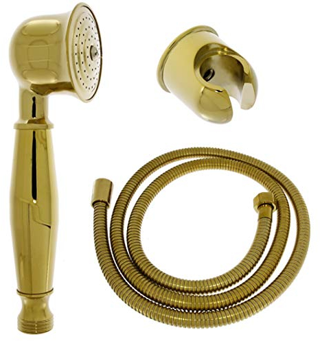 Nostalgie Retro Handbrause Brause Brausekopf Duschkopf mit Brauseschlauch und Brausehalterung aus Messing mit gold Oberfläche