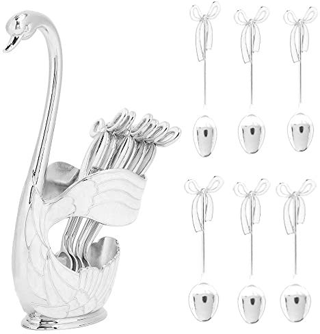 Teelöffel Silber, Kaffee Dessert Löffel Set, Schwan Basishalter Löffel Organizer mit 6 Stück Kaffee Dessert Zucker Eislöffel(2)