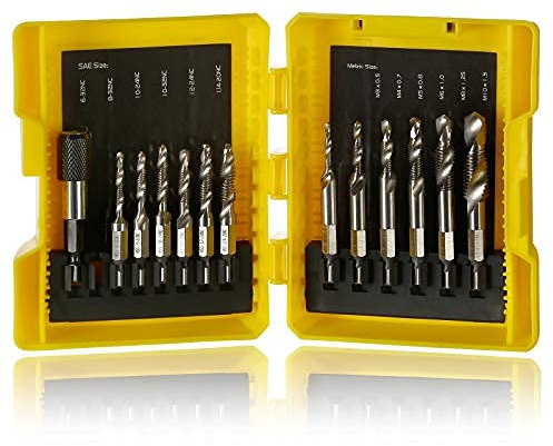 Combination Drill and Tap Bit Set,3-in-1 Screw Tapping Bit Tool,Hex Shank Drill Bits for Drilling, Tapping, with Quick-Change Adapter, 13 PCS SAE/Metric
