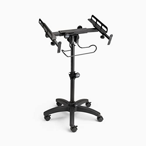 On-Stage MIX-400 V2 Mobile Mixer Stand: Rolling platform for mixers, laptops, controllers. Height adjustable (28-38), rackmount compatible, headphone hanger. Portable, black finish.