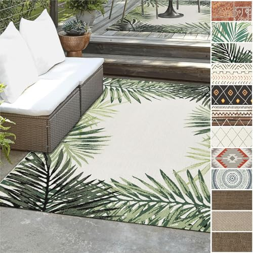 Floordirekt Outdoor Teppich wetterfest & UV beständig für Terrasse, Balkon oder Küchenläufer, Flurläufer und Wohnzimmerteppich Robustes, flachgewebtes kurzflor Teppich waschbar 80 x 150 cm Palm Cycas
