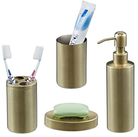 Relaxdays Accessoires de Salle de Bain, 4 pièces, en INOX brossé et Plastique, Design Moderne et harmonieux, doré