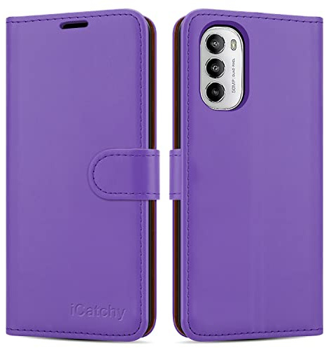 iCatchy for Motorola Moto G82 / G52 Case Leather Wallet Book Flip Kickstand Card Slots Full Protection Folio Cover Compatible for Moto G82 / G52 Phone (Lilac)