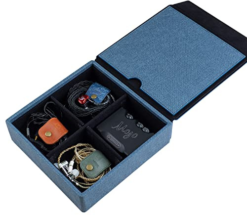 Miter Tragetasche für DAP und Kopfhörer - Handgefertigt aus PU-Leder für 2 IEM-Kopfhörer + 1 Digitaler Audio-Player - Aufbewahrungsbox für 4 Geräte, Blau