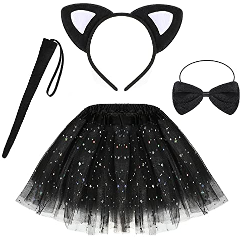 Hifot Costume Gatto Bambina,Nero Tutu Gonna Cerchietti Orecchie da Gatto Coda Papillon,Costume Carnevale Cosplay Halloween Bambina