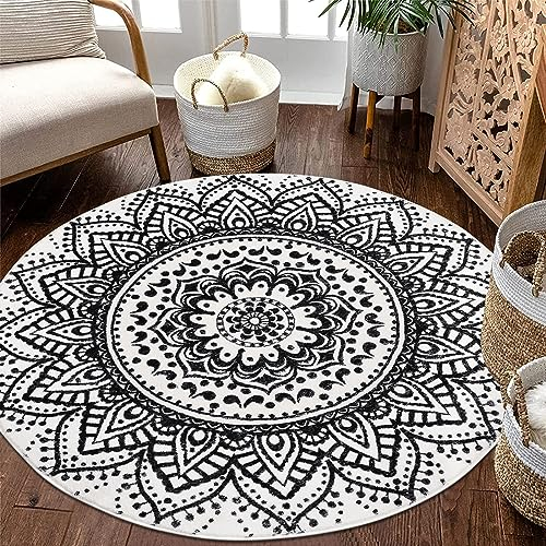 Pauwer Weich Boho Teppich Rund Flauschig Shaggy Bettvorleger Waschbar in Waschmaschine rutschfest Groß Teppiche für Wohnzimmer Schlafzimmer Kinderzimmer, Sofa, Schwarz, Größe: Ø 160 cm