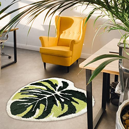 THRILRUG Monstera Teppiche mit Blattbereich, rutschfest, Badematte, getuftet, ultraweich, waschbar, Kinderspiel, Pflanzenblätter, geformt, Kinder, Haustiere, Bodenmatte, Grün, 9.1x12.9 cm